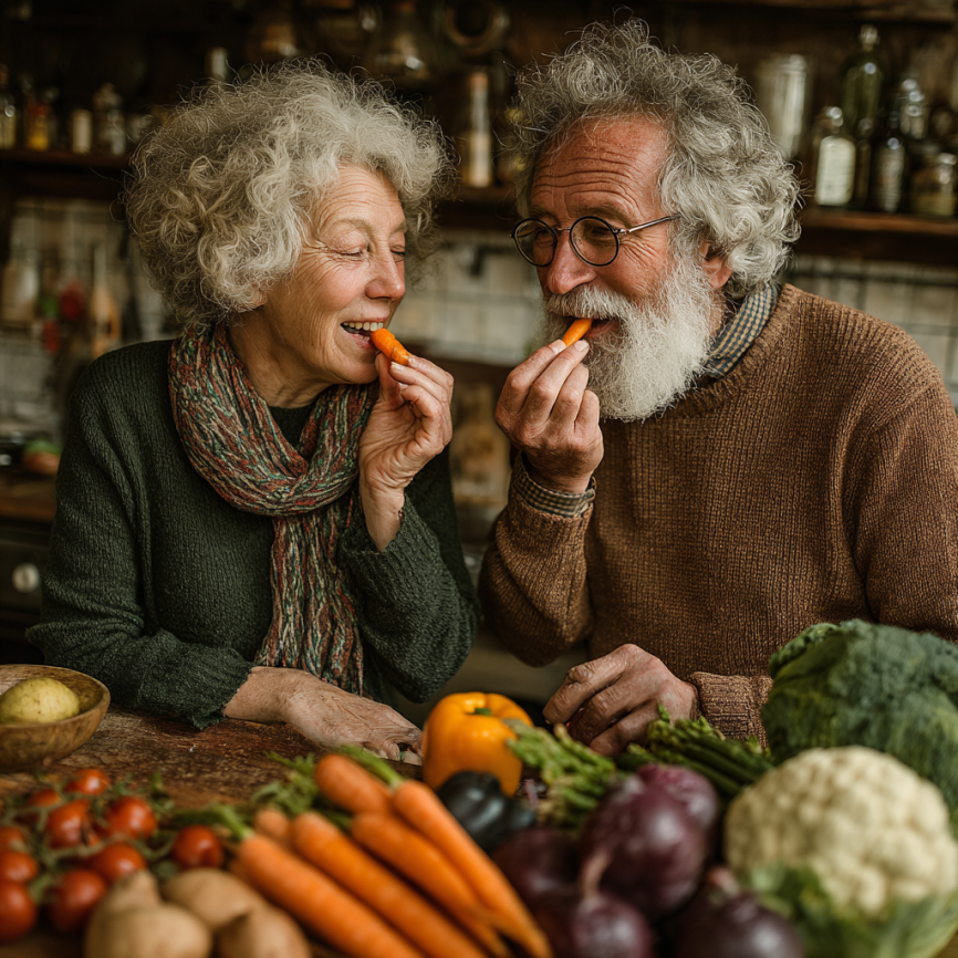 Літня пара з здоровою їжею