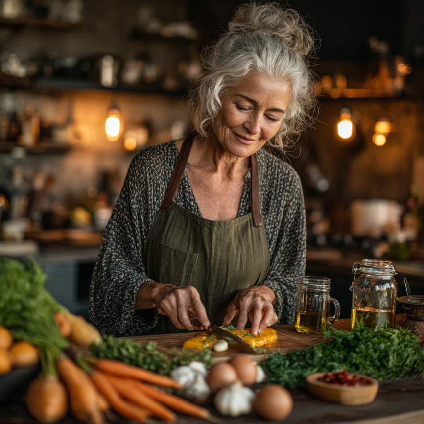 Літня пара готує здорову їжу